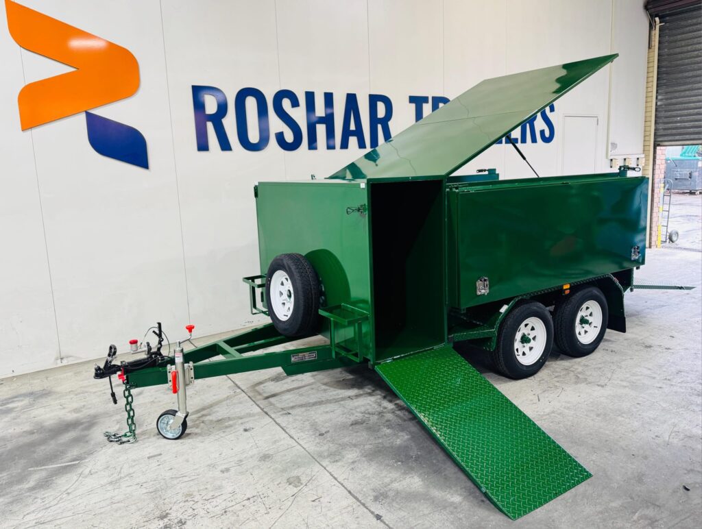 Compact Green Custom Tipper Trailer with Rear Loading Ramp | Roshar Trailers Melbourne